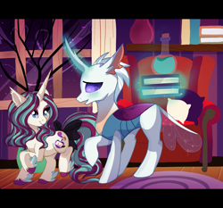 Size: 3215x3000 | Tagged: safe, artist:spookyle, oc, oc only, oc:midnight abyss, oc:spectre, species:changeling, species:pony, species:reformed changeling, species:unicorn, g4, book, bookshelf, bottle, bow, chair, changeling oc, colored hooves, feathered fetlocks, female, glowing horn, hooves, horn, hybrid, looking at each other, magic, magic aura, male, mare, non-pony oc, profile, raised hoof, tail, tail bow, telekinesis, three quarter view, unicorn oc, unshorn fetlocks, window