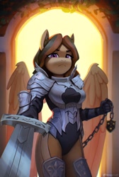 Size: 1379x2048 | Tagged: safe, artist:mrscroup, oc, oc only, species:anthro, species:pegasus, anthro oc, armor, chains, eyebrows, female, frown, looking at you, mare, pegasus oc, solo, spread wings, sword, weapon, wings