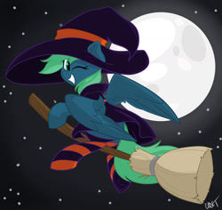 Size: 1280x1208 | Tagged: safe, artist:cadetredshirt, oc, oc only, oc:emerald, species:pegasus, species:pony, g4, broom, clothing, commission, costume, cute, digital art, eye clipping through hair, female, flying, flying broomstick, halloween, halloween costume, hat, holiday, mare, moon, night, ocbetes, one eye closed, shading, socks, solo, striped socks, three quarter view, wings, wink, witch, witch costume, witch hat, ych result