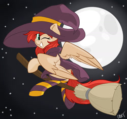 Size: 1280x1208 | Tagged: safe, artist:cadetredshirt, oc, oc only, oc:firefly, species:pegasus, species:pony, g4, broom, clothing, commission, costume, cute, digital art, eye clipping through hair, female, flying, flying broomstick, halloween, halloween costume, hat, holiday, mare, moon, night, ocbetes, one eye closed, shading, socks, solo, striped socks, three quarter view, wings, wink, witch, witch costume, witch hat, ych result