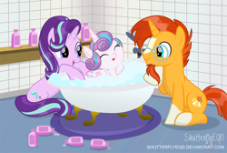 Size: 2920x1961 | Tagged: safe, artist:shutterflyeqd, character:princess flurry heart, character:starlight glimmer, character:sunburst, species:alicorn, species:pony, species:unicorn, g4, auntie starlight, baby, baby pony, bath, bathing, bathroom, bathtub, bubble bath, claw foot bathtub, cute, eyes closed, female, flurrybetes, foalsitting, glasses, glimmerbetes, hnnng, indoors, male, mare, shutterflyeqd is trying to murder us, sitting, smiling, soap bubble, stallion, sunbetes, trio, uncle sunburst, weapons-grade cute