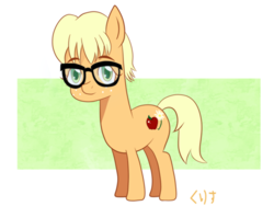 Size: 2048x1536 | Tagged: safe, artist:kurisunimii, character:applejack, species:earth pony, species:pony, g4, abstract background, alternate design, alternate universe, colored eyebrows, colored pupils, eyebrows, female, freckles, looking at you, mare, nerd pony, redesign, signature, simple background, solo, three quarter view