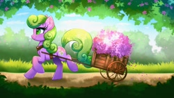 Size: 2048x1152 | Tagged: safe, artist:confetticakez, character:daisy, species:earth pony, species:pony, g4, adaisable, cart, complex background, cute, cutie mark, eyebrows, eyebrows visible through hair, eyelashes, female, flower, mare, road, smiling, solo, tail, tree, trotting