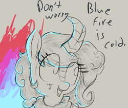 Size: 700x590 | Tagged: safe, artist:cherro, oc, oc:cloudy canvas, species:kirin, blue fire, cloudy canvas looking to the right with an object behind her on fire, eye clipping through hair, eyelashes, fire, horn, manechat challenge, simple background, wrong