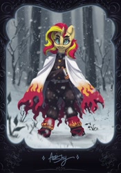 Size: 838x1200 | Tagged: safe, artist:amishyart, manebooru spotlight, character:sunset shimmer, species:pony, species:unicorn, g4, my little pony:equestria girls, bipedal, cosplay, costume, demon slayer, female, mare, signature, snow, solo, text