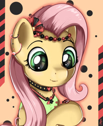 Size: 1280x1552 | Tagged: safe, artist:appleneedle, character:fluttershy, species:pegasus, species:pony, g4, abstract background, clothing, costume, cute, digital art, digital painting, dress, eyebrows, female, flower, insect, ladybug, mare, nature, shyabetes, smiling, solo, spring, three quarter view
