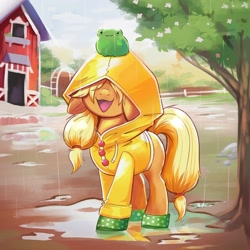 Size: 4000x4000 | Tagged: safe, artist:confetticakez, character:applejack, species:earth pony, species:pony, g4, barn, blank flank, boots, clothing, cute, ear fluff, filly, filly applejack, floppy ears, frog, hoof boots, jackabetes, jacket, open mouth, ponytail, puddle, rain, shoes, solo, sweet apple acres, sweet dreams fuel, tree, young, younger