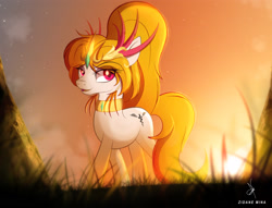 Size: 1969x1503 | Tagged: safe, artist:zidanemina, oc, oc only, oc:equalis, species:earth pony, species:pony, crown, cutie mark, eye clipping through hair, eyebrows, eyebrows visible through hair, eyelashes, female, jewelry, looking sideways, mare, open mouth, regalia, solo, stars, sunset