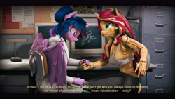 Size: 9600x5400 | Tagged: safe, artist:imafutureguitarhero, character:sunset shimmer, character:twilight sparkle, character:twilight sparkle (alicorn), character:twilight sparkle (scitwi), species:alicorn, species:anthro, species:eqg human, species:pony, species:unicorn, ship:scitwishimmer, ship:sunsetsparkle, g4, my little pony:equestria girls, 3d, alicornified, cargo pants, chair, clothing, coat, computer, computer screen, desk, dialogue, duo, duo female, equestria girls ponified, female, females only, filing cabinet, freckles, glasses, hair bun, holding hands, implied scitwishimmer, jeans, lab coat, lamp, mare, pants, ponified, race swap, robot, robot pony, roboticization, scitwilicorn, shipping, sitting, source filmmaker, species swap, sunset shimmer is not amused, tank top, text