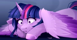 Size: 4096x2150 | Tagged: safe, artist:buvanybu, character:twilight sparkle, character:twilight sparkle (alicorn), species:alicorn, species:pony, g4, colored wings, crying, lying down, multicolored wings, prone, sad, solo, teary eyes, two toned wings, unshorn fetlocks, wings