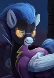 Size: 1221x1750 | Tagged: safe, artist:camyllea, character:nightshade, species:pegasus, species:pony, g4, clothing, costume, cutie mark, female, goggles, mare, shadowbolts, shadowbolts costume, solo, three quarter view, uniform