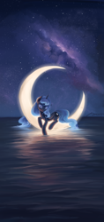 Size: 2211x4668 | Tagged: safe, artist:musicalray, character:princess luna, species:alicorn, species:pony, g4, crescent moon, eyes closed, female, galaxy, high res, lying down, mare, moon, night, ocean, prone, reflection, signature, sky, smiling, solo, stars, tangible heavenly object, transparent moon, wallpaper, water