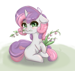 Size: 1500x1411 | Tagged: safe, artist:inkypuso, character:sweetie belle, species:pony, species:unicorn, g4, blank flank, blushing, colored eyebrows, cute, diasweetes, eyebrows, eyebrows visible through hair, female, filly, floppy ears, flower, foal, grass, holding, lily of the valley, looking at you, mouth hold, raised hoof, shadow, simple background, sitting, smiling, solo, white background, young