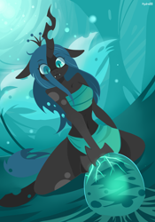 Size: 2100x3000 | Tagged: safe, artist:hydrabb, character:queen chrysalis, species:anthro, species:changeling, species:unguligrade anthro, g4, changeling egg, changeling queen, clothing, crown, cute, cutealis, eye clipping through hair, fangs, female, floppy ears, jewelry, lineless, looking down, regalia, sharp teeth, smiling, solo, spread wings, wings