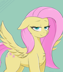 Size: 3500x4039 | Tagged: safe, artist:endo_youtsume, character:fluttershy, species:pegasus, species:pony, g4, bedroom eyes, chest fluff, eyebrows, female, floppy ears, green background, lidded eyes, looking at you, mare, signature, simple background, smiling, smug, smugshy, solo, spread wings, three quarter view, wings