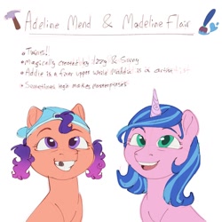 Size: 1000x1000 | Tagged: safe, artist:artistmythical, oc, oc only, oc:adeline mend, oc:madeline flair, species:earth pony, species:pony, species:unicorn, g5, my little pony: a new generation, cap, clothing, cute, earth pony oc, eyes closed, female, gradient hair, gritted teeth, hat, horn, magical lesbian spawn, multicolored hair, ocbetes, offspring, open mouth, open smile, parent:izzy moonbow, parent:sunny starscout, siblings, simple background, smiling, text, three quarter view, twins, unicorn oc, white background