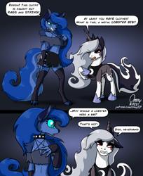 Size: 1500x1835 | Tagged: safe, artist:omny87, character:princess luna, species:alicorn, species:anthro, species:pony, g4, annoyed, clothing, collar, comic, crown, dialogue, eyebrows, eyebrows visible through hair, female, gradient background, hellhound, helluva boss, hoof shoes, jewelry, loona (helluva boss), mare, missing the point, namesake, necklace, peytral, princess loona, profile, pun, raised hoof, regalia, role reversal, shoes, signature, simple background, skirt, socks, species swap, speech bubble, spiked collar, text, thigh highs, three quarter view, visual gag