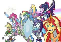 Size: 1118x767 | Tagged: safe, artist:elioo, character:applejack, character:fluttershy, character:pinkie pie, character:rainbow dash, character:rarity, character:sunset shimmer, character:twilight sparkle, character:twilight sparkle (scitwi), species:eqg human, g4, my little pony:equestria girls, autobot, clash of hasbro's titans, confetti, crossover, cybertronian, determined, equestria bots, flying, humane five, humane seven, humane six, magic, open mouth, shield, simple background, smiling, species swap, speed trail, transformerfied, transformers, white background