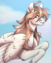 Size: 1480x1820 | Tagged: safe, artist:amcirken, oc, oc only, oc:lovemail, species:pegasus, species:pony, g5, cloud, colored eyebrows, colored hooves, eyebrows, eyebrows visible through hair, female, hooves, mare, pegasus oc, sky, smiling, solo, three quarter view, unshorn fetlocks, wing fluff, wings
