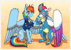 Size: 1697x1181 | Tagged: safe, artist:inuhoshi-to-darkpen, character:rainbow dash, character:zipp storm, species:pegasus, species:pony, g4, g5, adorazipp, cheek fluff, clothing, colored eyebrows, colored wings, commission, crying, cute, ear fluff, eyebrows, eyebrows visible through hair, eyes closed, feathered fetlocks, female, floppy ears, gradient background, leg fluff, mare, multicolored wings, raised hoof, simple background, sitting, tears of joy, three quarter view, uniform, unshorn fetlocks, wing fluff, wings, wonderbolts, wonderbolts uniform