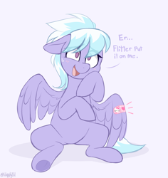 Size: 912x968 | Tagged: safe, artist:higgly-chan, character:cloudchaser, species:pegasus, species:pony, g4, bandage, bandaid, blatant lies, blue background, blushing, cat, cute, cutechaser, dialogue, eye clipping through hair, eyebrows, eyebrows visible through hair, female, floppy ears, heart, hello kitty, hello kitty (character), implied flitter, kitty white, mare, no pupils, open mouth, raised hoof, sanrio, signature, simple background, sitting, solo, spread wings, sweat, sweatdrop, text, underhoof, wings