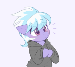 Size: 590x530 | Tagged: safe, artist:higgly-chan, character:cloudchaser, species:pegasus, species:pony, g4, blushing, clothing, cute, cutechaser, eye clipping through hair, eyebrows, eyebrows visible through hair, female, floppy ears, hoodie, mare, simple background, solo, three quarter view, white background