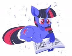 Size: 2048x1616 | Tagged: safe, artist:pastacrylic, character:twilight sparkle, character:twilight sparkle (unicorn), species:pony, species:unicorn, g4, book, eye clipping through hair, female, lying down, mare, prone, simple background, solo, sparkles, unshorn fetlocks, white background