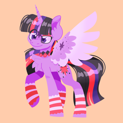 Size: 4000x4000 | Tagged: safe, artist:pastacrylic, character:twilight sparkle, character:twilight sparkle (alicorn), species:alicorn, species:pony, g4, chest fluff, colored wings, eye clipping through hair, female, mare, multicolored wings, orange background, raised hoof, simple background, solo, spread wings, three quarter view, two toned wings, wings