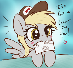 Size: 2226x2082 | Tagged: safe, artist:t72b, derpibooru original, character:derpy hooves, species:pegasus, species:pony, g4, blushing, clothing, cute, daaaaaaaaaaaw, derpabetes, dissonance, equestria's best mailmare, female, hat, holding, horse taxes, irs, letter, mailmare, mailmare hat, mare, mouth hold, solo, spread wings, taxes, text, this will end in bankruptcy, wings