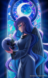 Size: 800x1304 | Tagged: safe, artist:racoonsan, character:princess luna, species:human, g4, alicorn humanization, clothing, dress, female, helmet, horn, horned humanization, humanized, profile, sad, solo, species swap, winged humanization, wings