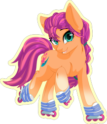 Size: 4000x4608 | Tagged: safe, artist:up1ter, character:sunny starscout, species:earth pony, species:pony, g5, my little pony: a new generation, braid, coat markings, cute, eye clipping through hair, eyebrows, eyebrows visible through hair, female, looking at you, outline, raised hoof, roller skates, simple background, smiling, socks (coat marking), solo, sunnybetes, three quarter view, transparent background