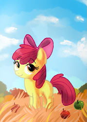 Size: 429x600 | Tagged: dead source, safe, artist:aurorie, character:apple bloom, species:pony, g4, adorabloom, apple, apple family member, cloud, cute, eyebrows, eyebrows visible through hair, female, filly, food, looking at you, sky, solo, three quarter view, young