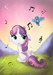Size: 429x600 | Tagged: dead source, safe, artist:aurorie, character:sweetie belle, species:bird, species:pony, species:unicorn, g4, cute, diasweetes, digital art, digital painting, female, filly, floppy ears, grass, looking up, music, music notes, sitting, stars, young