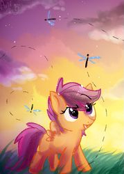 Size: 429x600 | Tagged: dead source, safe, artist:aurorie, character:scootaloo, species:pony, g4, cute, cutealoo, digital art, digital painting, dragonfly, eyebrows, eyebrows visible through hair, female, filly, raised eyebrow, solo, spread wings, three quarter view, wings, young
