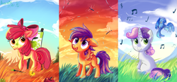 Size: 1287x600 | Tagged: dead source, safe, artist:aurorie, character:apple bloom, character:scootaloo, character:sweetie belle, species:bird, species:earth pony, species:pegasus, species:pony, species:unicorn, g4, :p, apple, apple bloom's bow, apple family member, blank flank, blep, bow, canvas, cloud, colored eyebrows, cutie mark crusaders, digital art, digital painting, dragonfly, easel, eyebrows, eyebrows visible through hair, female, filly, floppy ears, foal, food, grass, hair bow, insect, music notes, open mouth, paint on fur, paintbrush, painting, red sky, redraw, signature, sky, tongue out, wings spread wings, young