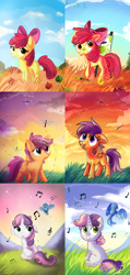 Size: 858x1800 | Tagged: dead source, safe, artist:aurorie, character:apple bloom, character:scootaloo, character:sweetie belle, species:bird, species:earth pony, species:pegasus, species:pony, species:unicorn, g4, :p, apple, apple bloom's bow, apple family member, blank flank, blep, bow, canvas, cloud, colored eyebrows, comparison, cutie mark crusaders, digital art, digital painting, dragonfly, easel, eyebrows, eyebrows visible through hair, female, filly, floppy ears, foal, food, grass, hair bow, insect, music notes, open mouth, paint on fur, paintbrush, painting, red sky, redraw, signature, sky, tongue out, wings spread wings, young
