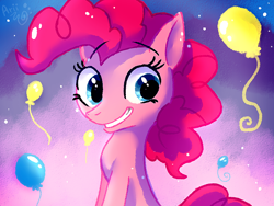 Size: 800x600 | Tagged: dead source, safe, artist:aurorie, character:pinkie pie, species:earth pony, species:pony, g4, abstract background, balloon, digital art, digital painting, eyebrows, eyebrows visible through hair, female, gradient background, mare, signature, smiling, solo, three quarter view