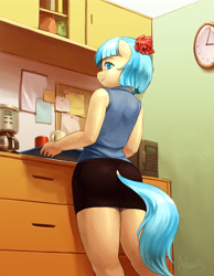 Size: 2813x3621 | Tagged: safe, alternate version, artist:audrarius, character:coco pommel, species:anthro, species:earth pony, g4, black skirt, clock, clothing, cocobetes, coffee machine, coffee mug, colored eyebrows, cute, explicit source, eyebrows, eyelashes, female, flower, flower in hair, looking at you, looking back, looking back at you, mare, microwave, mug, office, shirt, signature, skirt, sleeveless, sleeveless shirt, smiling, solo, tail, tray, tube skirt