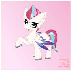 Size: 2362x2362 | Tagged: safe, artist:jubyskylines, character:zipp storm, species:pegasus, species:pony, g5, my little pony: a new generation, big ears, chest fluff, colored wings, cute, ear fluff, female, fluffy, gradient background, high res, leg fluff, looking at you, mare, multicolored wings, open mouth, pink background, raised hoof, signature, simple background, solo, unshorn fetlocks, wings