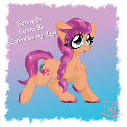 Size: 2362x2362 | Tagged: safe, artist:jubyskylines, character:sunny starscout, species:earth pony, species:pony, g5, my little pony: a new generation, braid, chest fluff, colored hooves, cute, ear fluff, female, fluffy, gonna be my day, gradient background, high res, hooves, leg fluff, mare, raised hoof, signature, simple background, singing, solo, sunnybetes, text, three quarter view, unshorn fetlocks