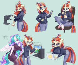 Size: 3076x2560 | Tagged: safe, artist:dstears, character:moondancer, character:princess celestia, species:alicorn, species:anthro, species:plantigrade anthro, species:unicorn, g4, breasts, business suit, busty moondancer, cellphone, clothing, coffee, coffee machine, coffee mug, computer, crossed legs, drink, ear fluff, female, floppy ears, food, glasses, gray background, grumpy, jeans, laptop computer, looking at you, looking back, looking back at you, mare, messy mane, missing shoes, monitor, mug, nail polish, nails, noodles, office, open mouth, pants, phone, profile, ramen, simple background, sitting, smartphone, socks, stocking feet, sweater, talking, three quarter view, turtleneck, working