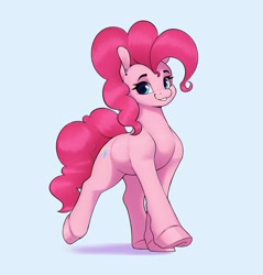 Size: 2746x2869 | Tagged: safe, artist:aquaticvibes, character:pinkie pie, species:earth pony, species:pony, g4, blue background, cutie mark, eyebrows, eyelashes, female, looking sideways, mare, simple background, smiling, solo, tail, trotting