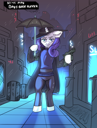 Size: 2000x2650 | Tagged: safe, artist:freak-side, character:rarity, species:pony, species:unicorn, g4, blade runner, city, clothing, crossover, female, front view, full face view, gun, hat, jacket, looking at you, mare, pants, rain, semi-anthro, solo, text, umbrella, weapon