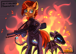 Size: 2650x1900 | Tagged: safe, artist:freak-side, character:sunburst, species:pony, species:unicorn, g4, bipedal, crossover, eyebrows, fahrenheit 451, fire, flamethrower, looking at you, male, robot, semi-anthro, solo, stallion, text, three quarter view