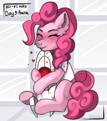 Size: 2300x2600 | Tagged: safe, artist:freak-side, character:pinkie pie, species:earth pony, species:pony, g4, blushing, crossover, cute, diapinkes, ear fluff, eyes closed, female, heart, hug, mare, portal (valve), sitting, text, three quarter view, turret
