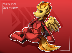 Size: 2500x1830 | Tagged: safe, artist:freak-side, character:spitfire, species:pegasus, species:pony, g4, crossover, ear fluff, eyebrows, female, looking at you, mare, neon genesis evangelion, plugsuit, profile, red background, simple background, sitting, solo, spread wings, text, wing fluff, wings