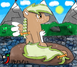 Size: 571x497 | Tagged: safe, artist:paprika jenkins, oc, oc only, oc:sylvia evergreen, species:pegasus, species:pony, g4, cloud, female, mountain, outdoors, river, sitting