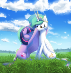 Size: 2173x2231 | Tagged: safe, artist:suhar, derpibooru original, character:princess celestia, character:twilight sparkle, character:twilight sparkle (unicorn), species:alicorn, species:pony, species:unicorn, g4, ^^, boop, butt, cloud, crown, cute, cutelestia, duo, duo female, eyes closed, featured image, female, field, folded wings, frown, grass, high res, horn, jewelry, mare, meadow, misleading thumbnail, missing accessory, multicolored hair, outdoors, plot, profile, regalia, sitting, sky, smiling, surprised, tail, three quarter view, twiabetes, wide eyes, wings