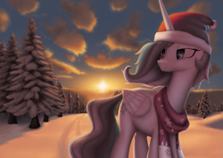 Size: 1955x1384 | Tagged: safe, artist:suhar, derpibooru original, character:princess celestia, species:alicorn, species:pony, g4, christmas, christmas tree, clothing, cloud, female, forest, hair over one eye, hat, holiday, horn, mare, santa hat, scarf, sky, snow, solo, sun, sunrise, tail, three quarter view, tree, wings, winter