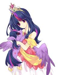 Size: 1299x1684 | Tagged: safe, artist:lillin, character:twilight sparkle, character:twilight sparkle (alicorn), species:alicorn, species:human, species:pony, g4, big crown thingy, clothing, crown, cute, dress, element of magic, female, horn, horned humanization, human ponidox, humanized, jewelry, mare, pixiv, ponidox, regalia, self paradox, self ponidox, simple background, species swap, twiabetes, white background, winged humanization, wings